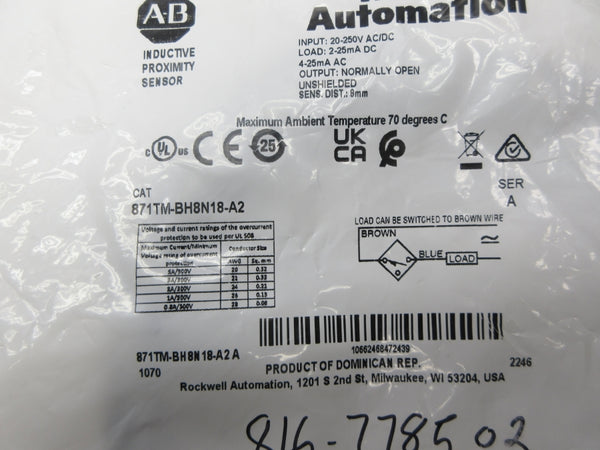 ALLEN BRADLEY 871TM-BH8N18-A2 SER. A 20-250VAC/DC NSMP