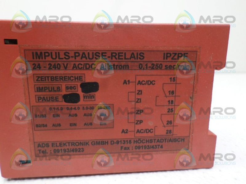 ADS ELEKTRONIK IPZPF IMPULS PAUSE RELAY 24-240V UNMP