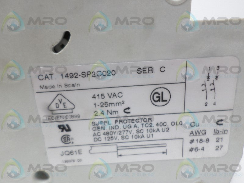 ALLEN BRADLEY 1492-SP2C020 SER. C CIRCUIT BREAKER 2A NSNP