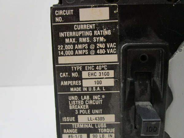 CUTLER HAMMER EHC3100 CIRCUIT BREAKER 100A (AS PICTURED)  UNMP