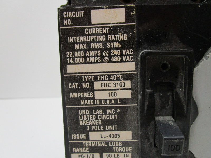 CUTLER HAMMER EHC3100 CIRCUIT BREAKER 100A (AS PICTURED)  UNMP