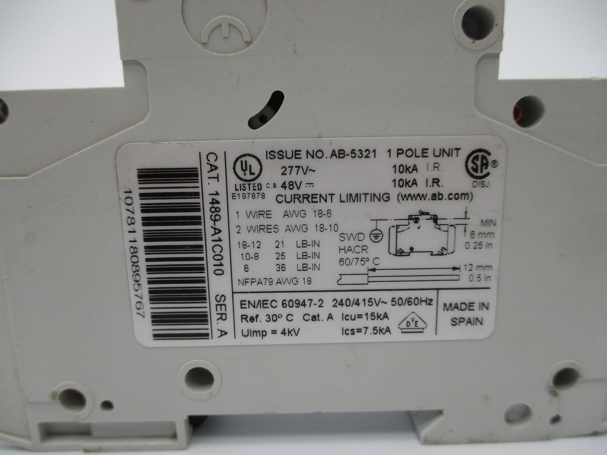 ALLEN BRADLEY 1489-A1C010 SER. A 1A 277V NSNP