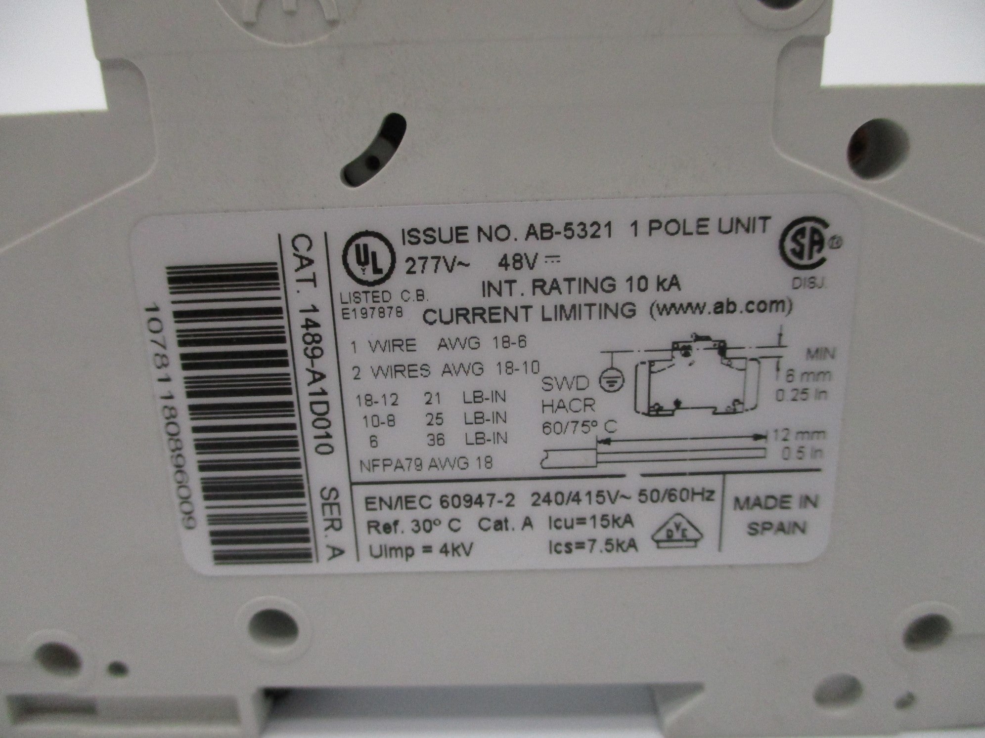 ALLEN BRADLEY 1489-A1D010 SER. A 277V 1A NSNP
