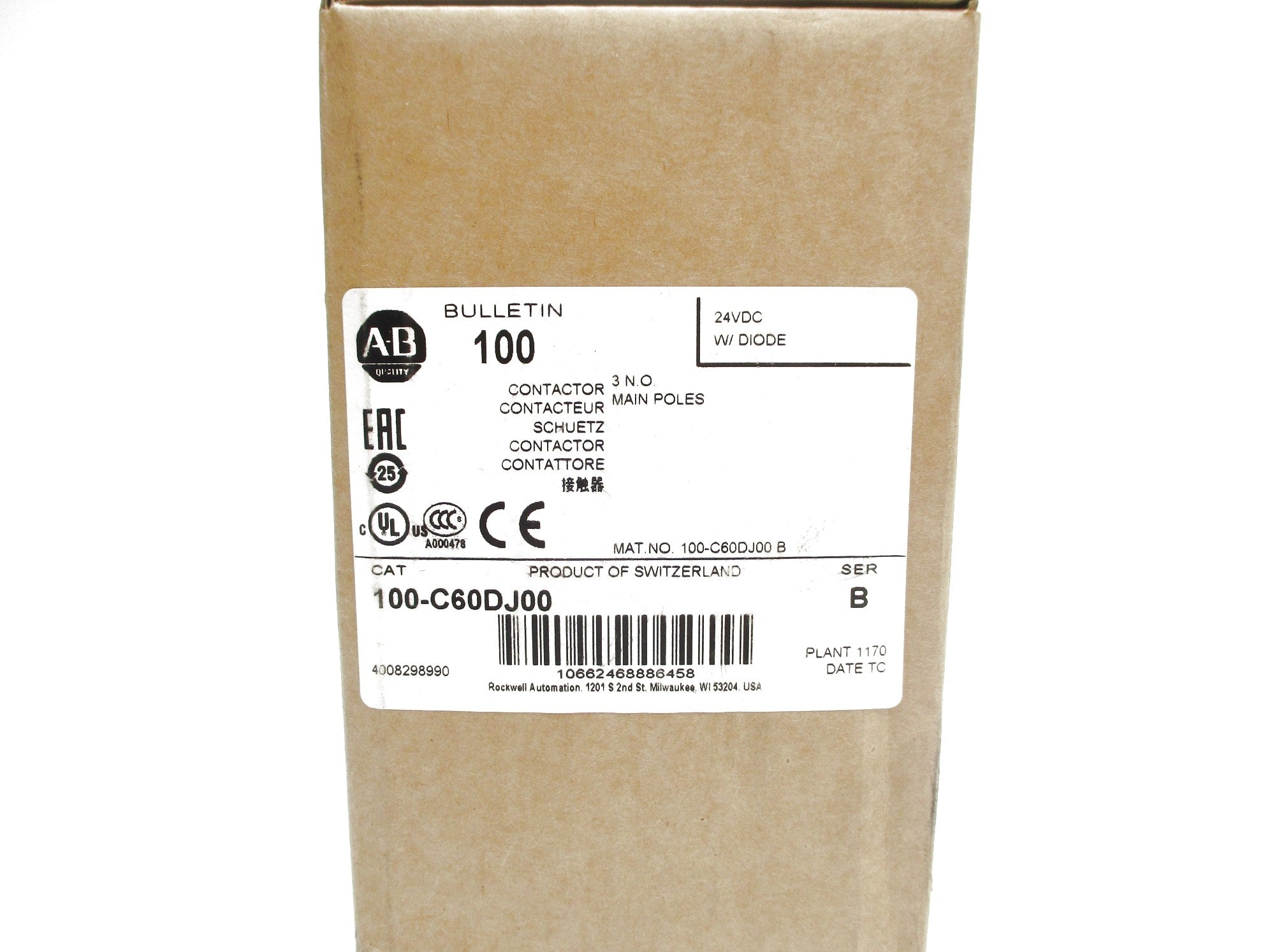 ALLEN BRADLEY 100-C60DJ00 SER. B 24VDC 90A (BR/WH) NSMP