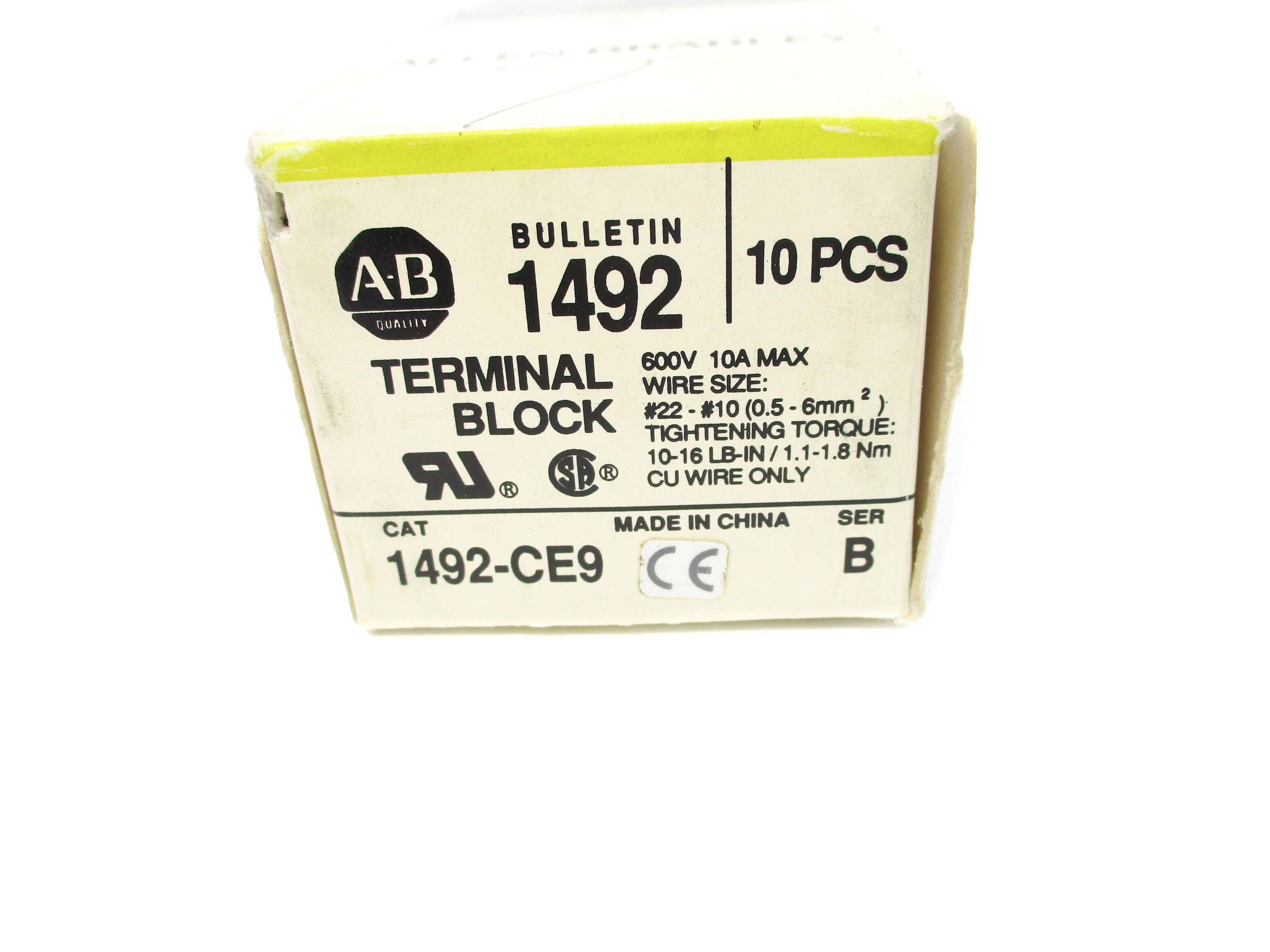 ALLEN BRADLEY 1492-CE9 SER. B 600V 10A (PKG OF 10) (BK/YL) NSMP