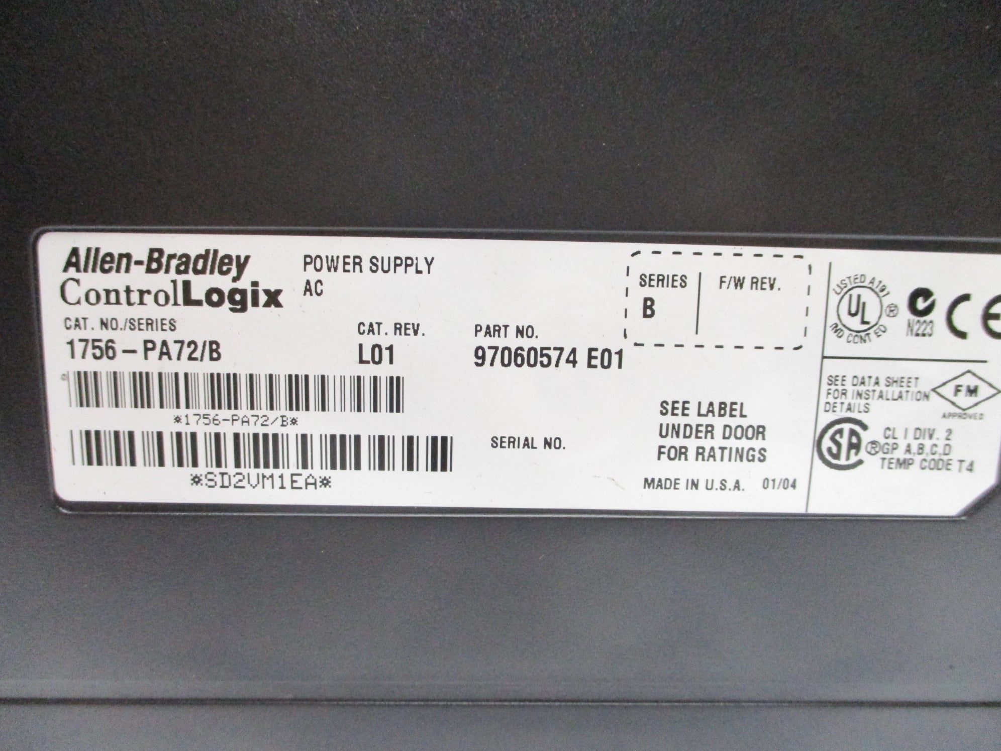 ALLEN BRADLEY 1756-PA72 SER. B 24VDC 2.8A UNMP