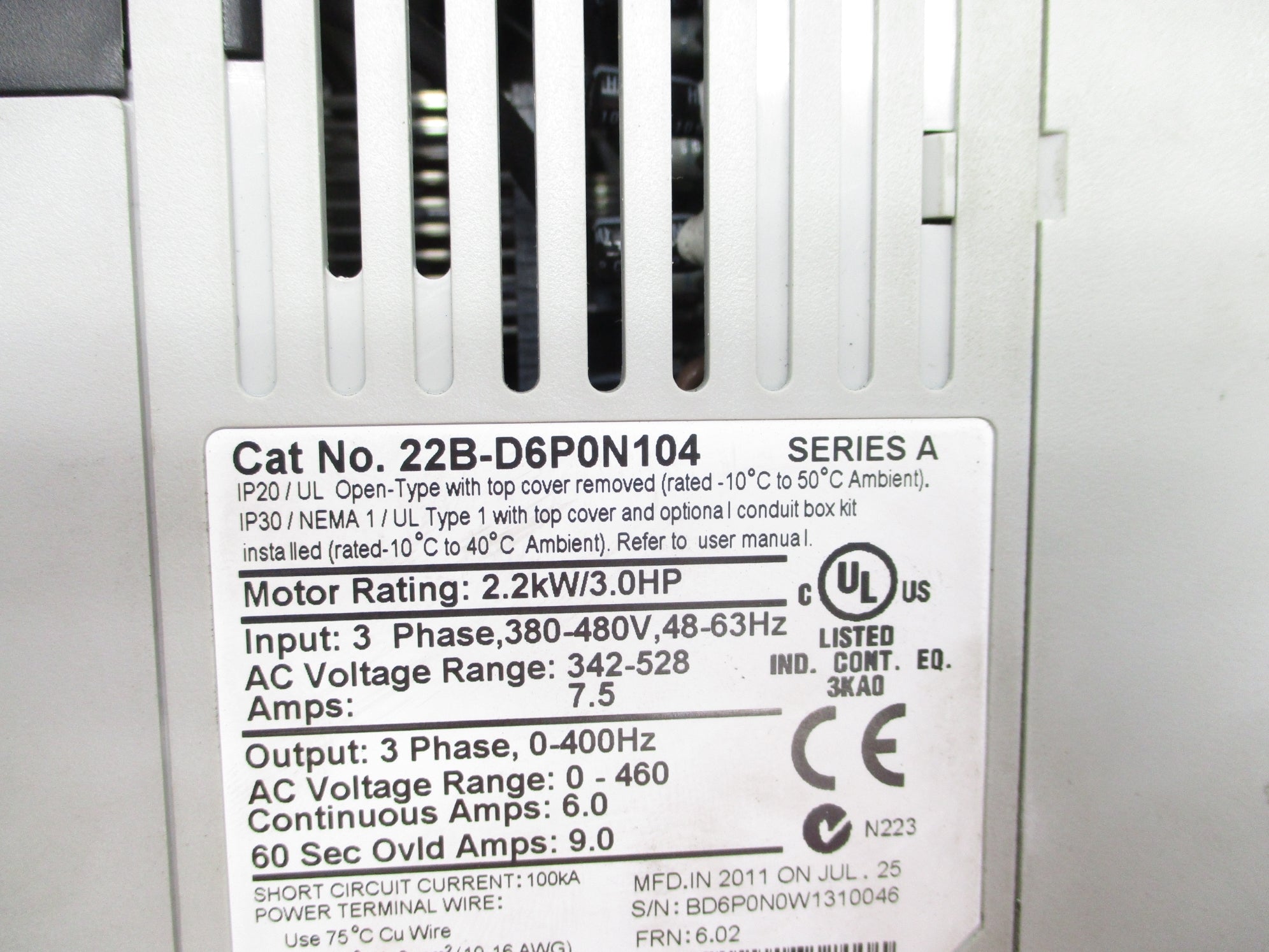 ALLEN BRADLEY 22B-D6P0N104 SER. A F/W 6.02 342-528VAC 7.5A UNMP