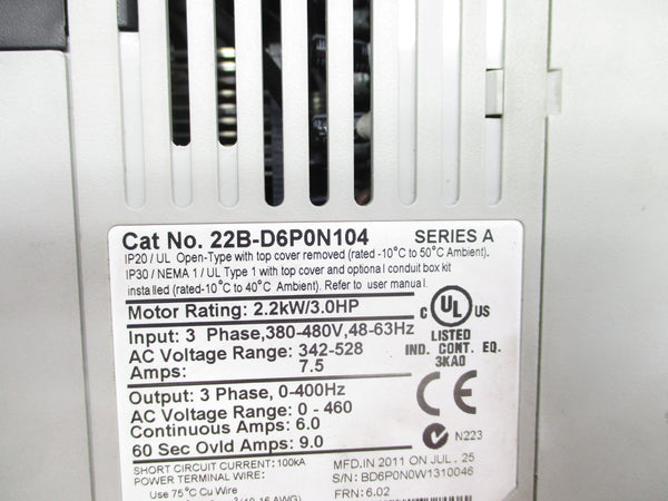 ALLEN BRADLEY 22B-D6P0N104 SER. A F/W 6.02 342-528VAC 7.5A UNMP