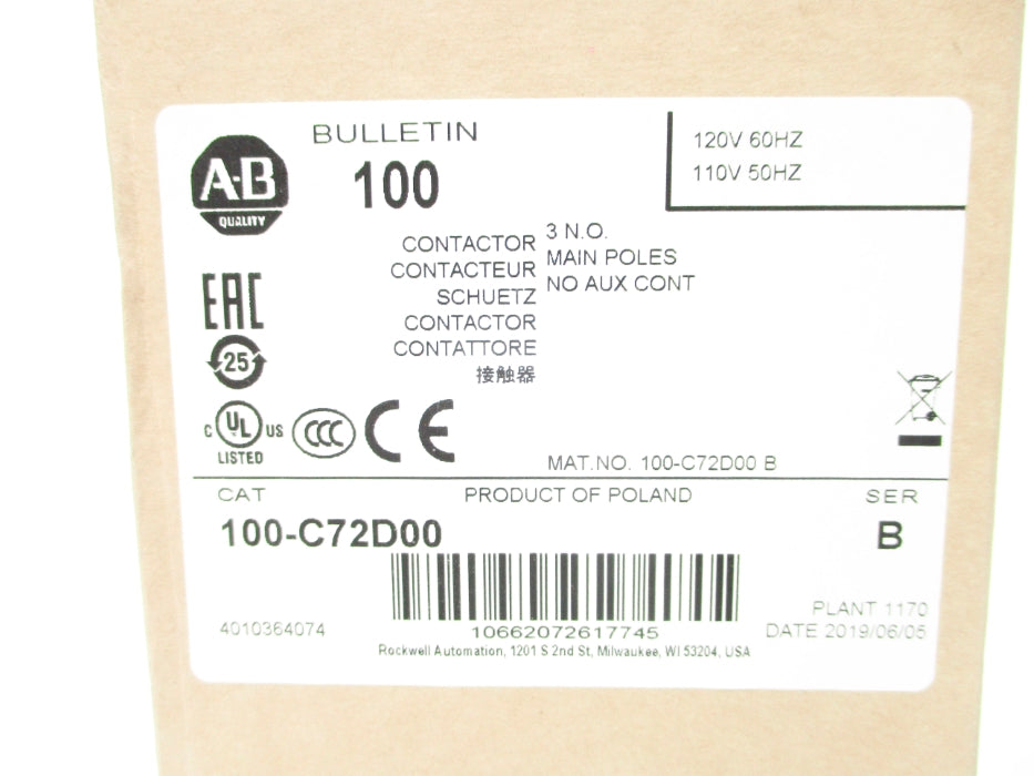 ALLEN BRADLEY 100-C72D00 SER. B 110/120V (BR/WH) NSMP