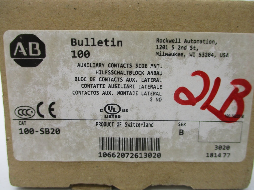 ALLEN BRADLEY 100-SB20 SER. B 600VAC 10A (BR/WH) NSMP