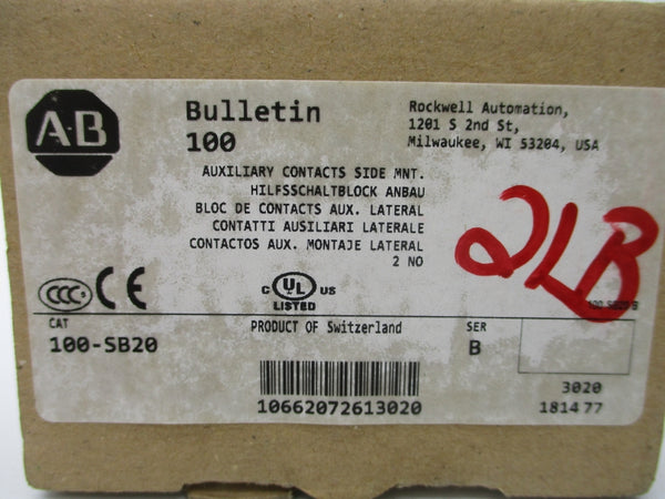 ALLEN BRADLEY 100-SB20 SER. B 600VAC 10A (BR/WH) NSMP
