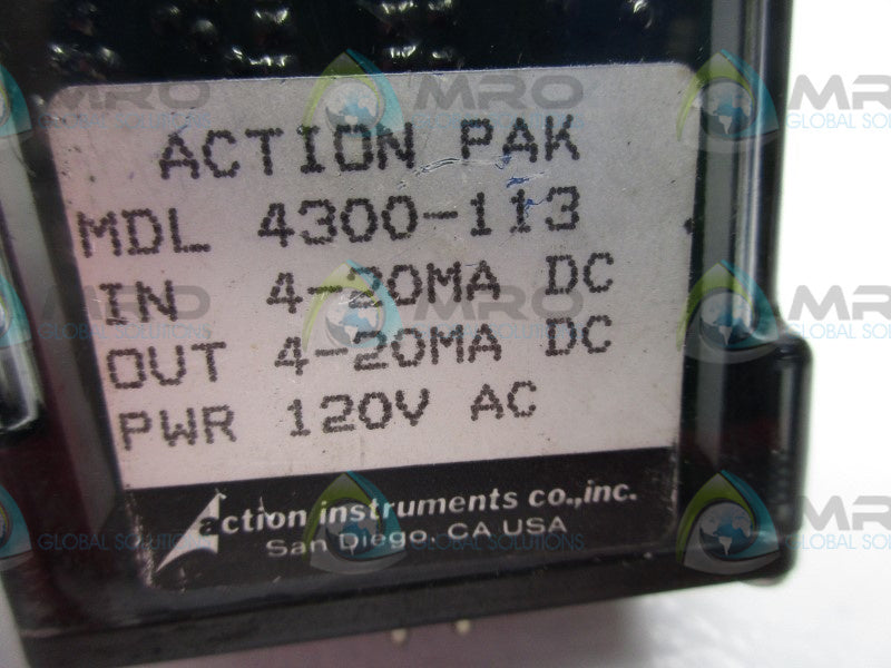 ACTION PAK MDL4300-113 RELAY MODULE 4-20MADC 4-20MADC 120VAC  UNMP