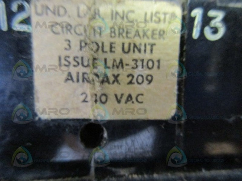 AIRPAX LM-3101 3 POLE 210 VAC CIRCUIT BREAKER UNMP