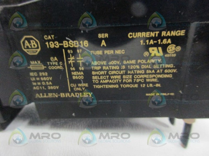 ALLEN BRADLEY 193-BSB16 SER. A OVERLOAD RELAY  UNMP