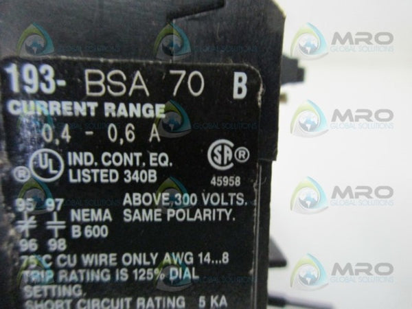 ALLEN BRADLEY 193-BSA70 SER. B OVERLOAD RELAY  UNMP