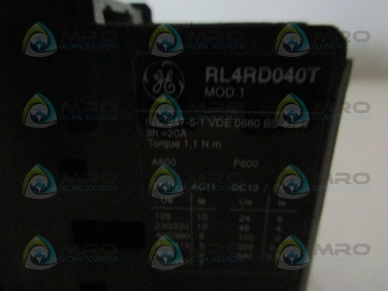 GENERAL ELECTRIC RL4RD040T 24VDC CONTROL RELAY  UNMP