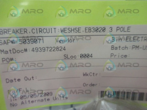 WESTINGHOUSE EB3020 CIRCUIT BREAKER  UNMP