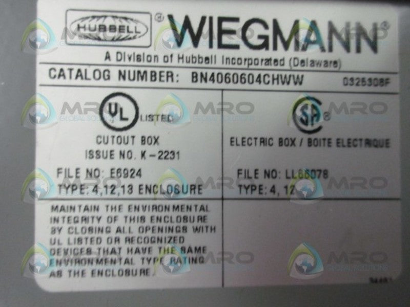 HUBBELL WIEGMANN BN4060604CHWW ELECTRICAL BOX  NSNP