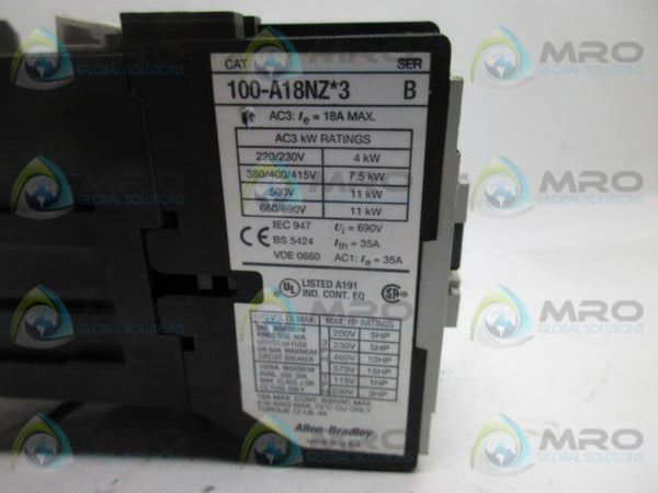 ALLEN BRADLEY 100-A18NZ24-3 SER B CONTACTOR  UNMP