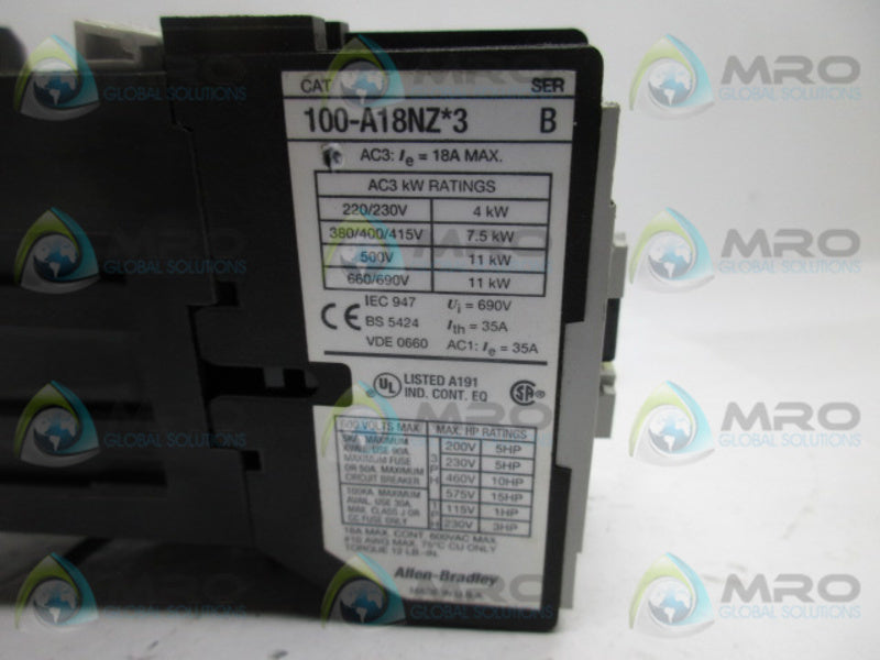 ALLEN BRADLEY 100-A18NZ24-3 SER B CONTACTOR  UNMP