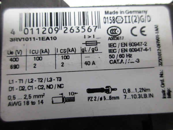 SIEMENS 3RV1011-1EA10 CIRCUIT BREAKER 40A  UNMP