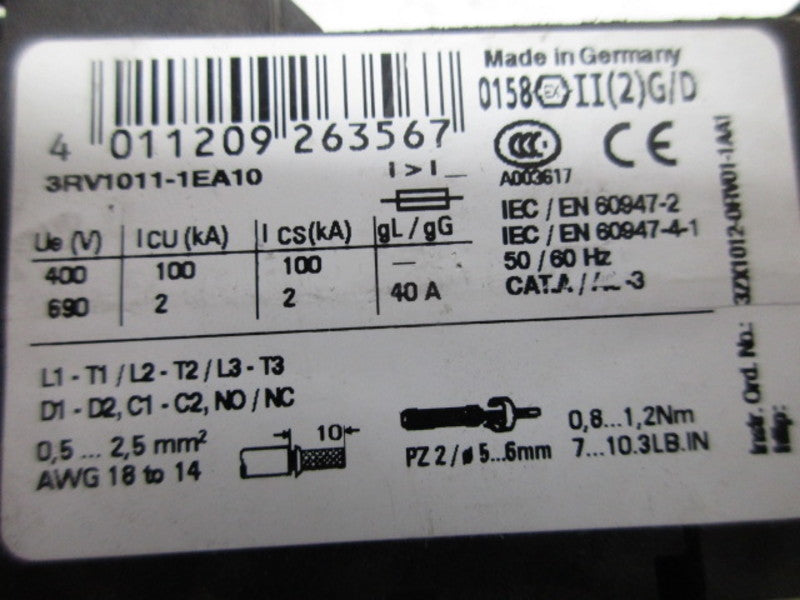 SIEMENS 3RV1011-1EA10 CIRCUIT BREAKER 40A  UNMP