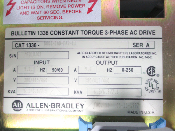 ALLEN BRADLEY 1336-B005-EAD-FA2-L1 SER. A 380/415/460V 9.6A UNMP