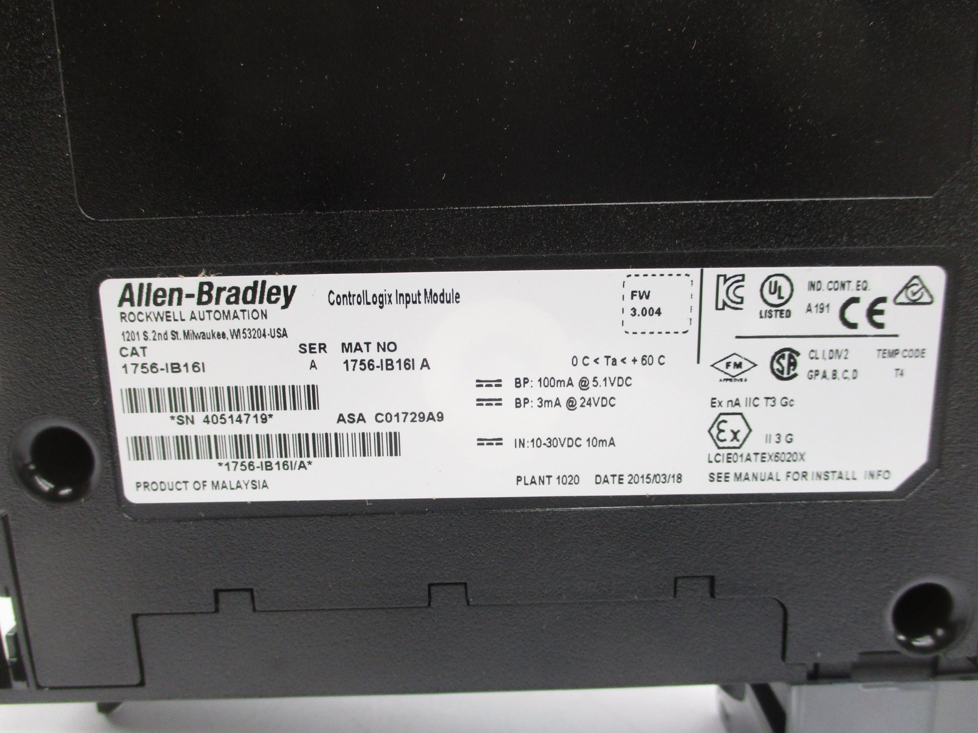 ALLEN BRADLEY 1756-IB16I SER. A F/W 3.004 24VDC NSMP
