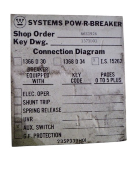 WESTINGHOUSE 1371D01 SYSTEMS POW-R BREAKER  UNMP