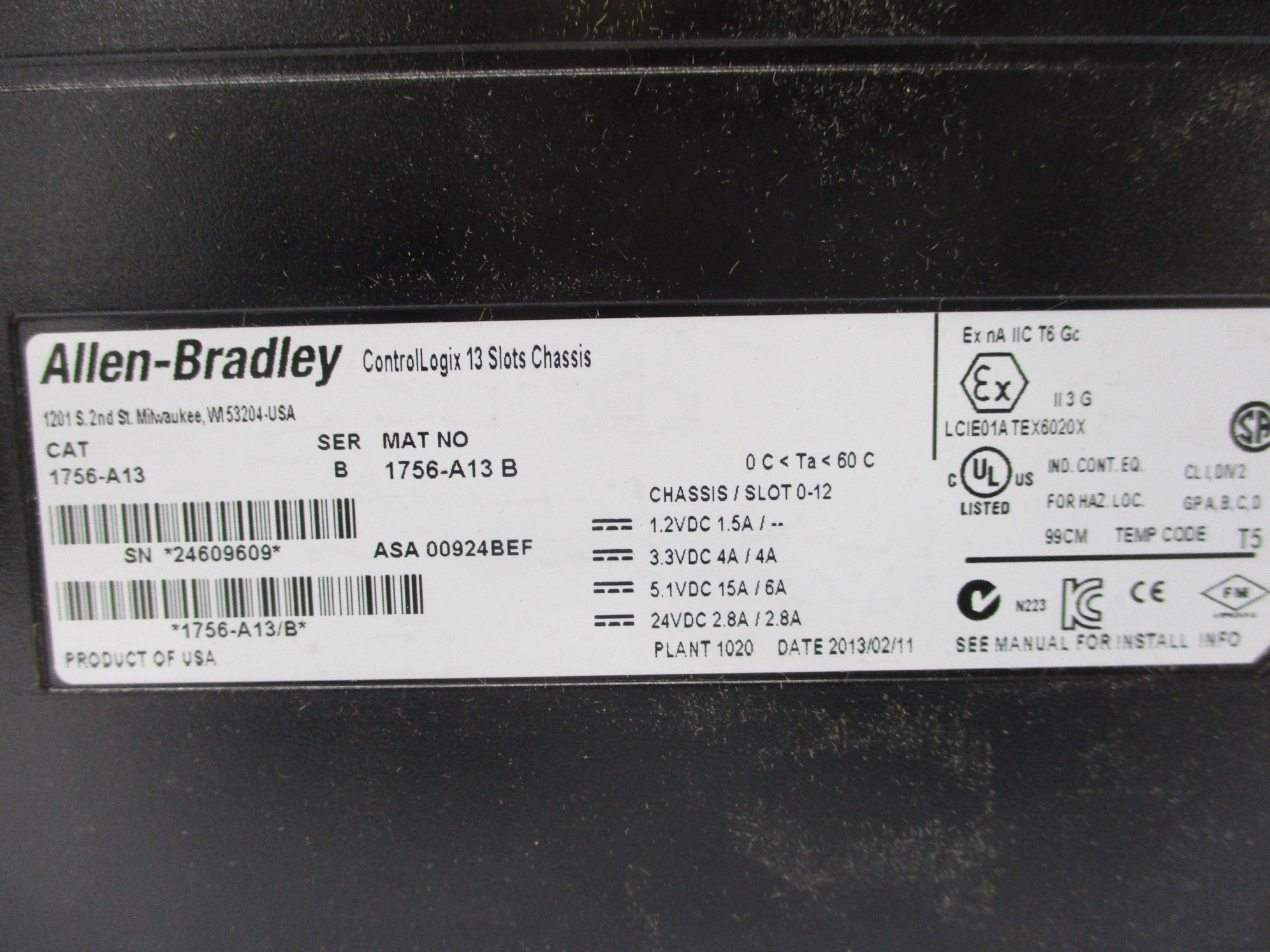 ALLEN BRADLEY 1756-A13 SER. B 24VDC 2.8A NSNP