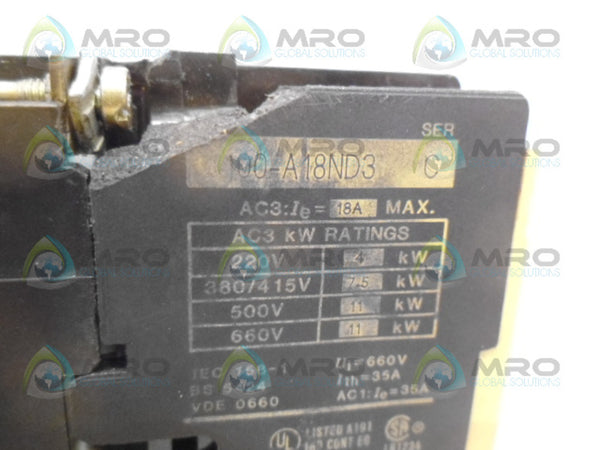 ALLEN BRADLEY 100-A18ND3 SER C CONTACTOR (AS PICTURED) UNMP