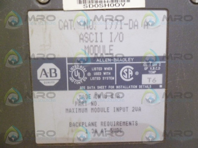 ALLEN BRADLEY 1771-DA SER A ASCII I/O MODULE UNMP