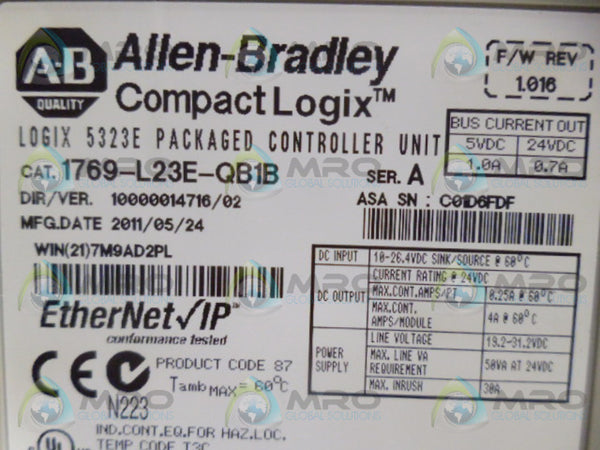 ALLEN BRADLEY 1769-L23E-QB1B SER. A F/W 1.016 CONTROLLER UNIT UNMP