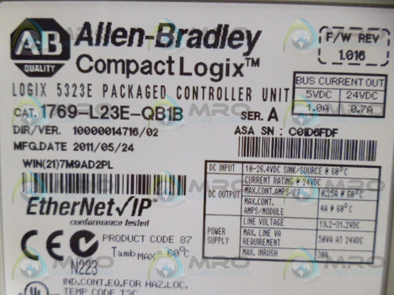 ALLEN BRADLEY 1769-L23E-QB1B SER. A F/W 1.016 CONTROLLER UNIT UNMP