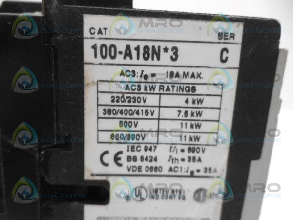 ALLEN BRADLEY 100-A18N3 SER. C CONTACTOR UNMP