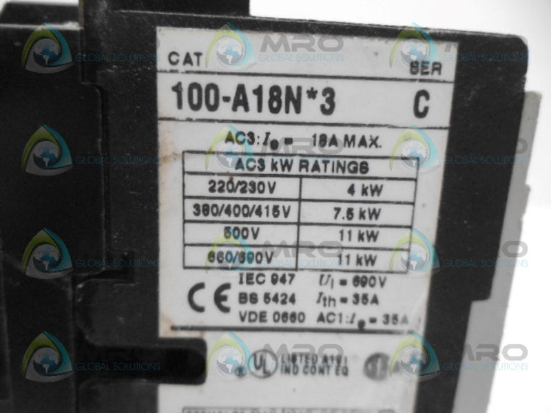 ALLEN BRADLEY 100-A18N3 SER. C CONTACTOR UNMP