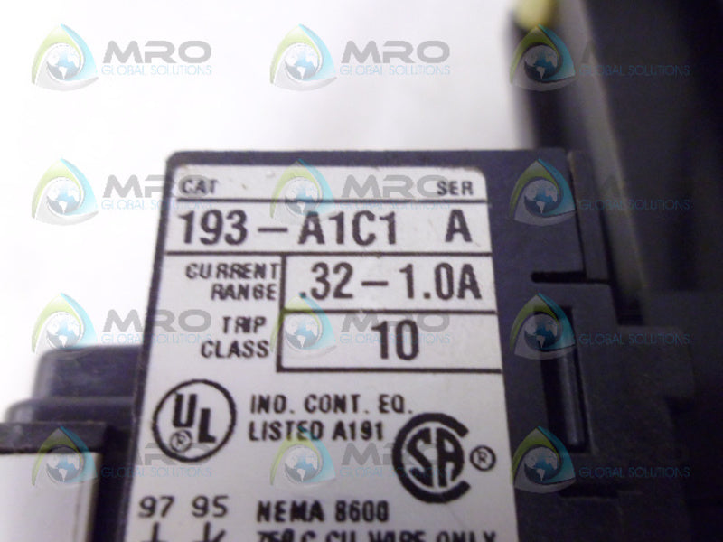 ALLEN BRADLEY 100-A09NZ3 SER. B CONTACTOR AND 193-AIE SER. A UNMP