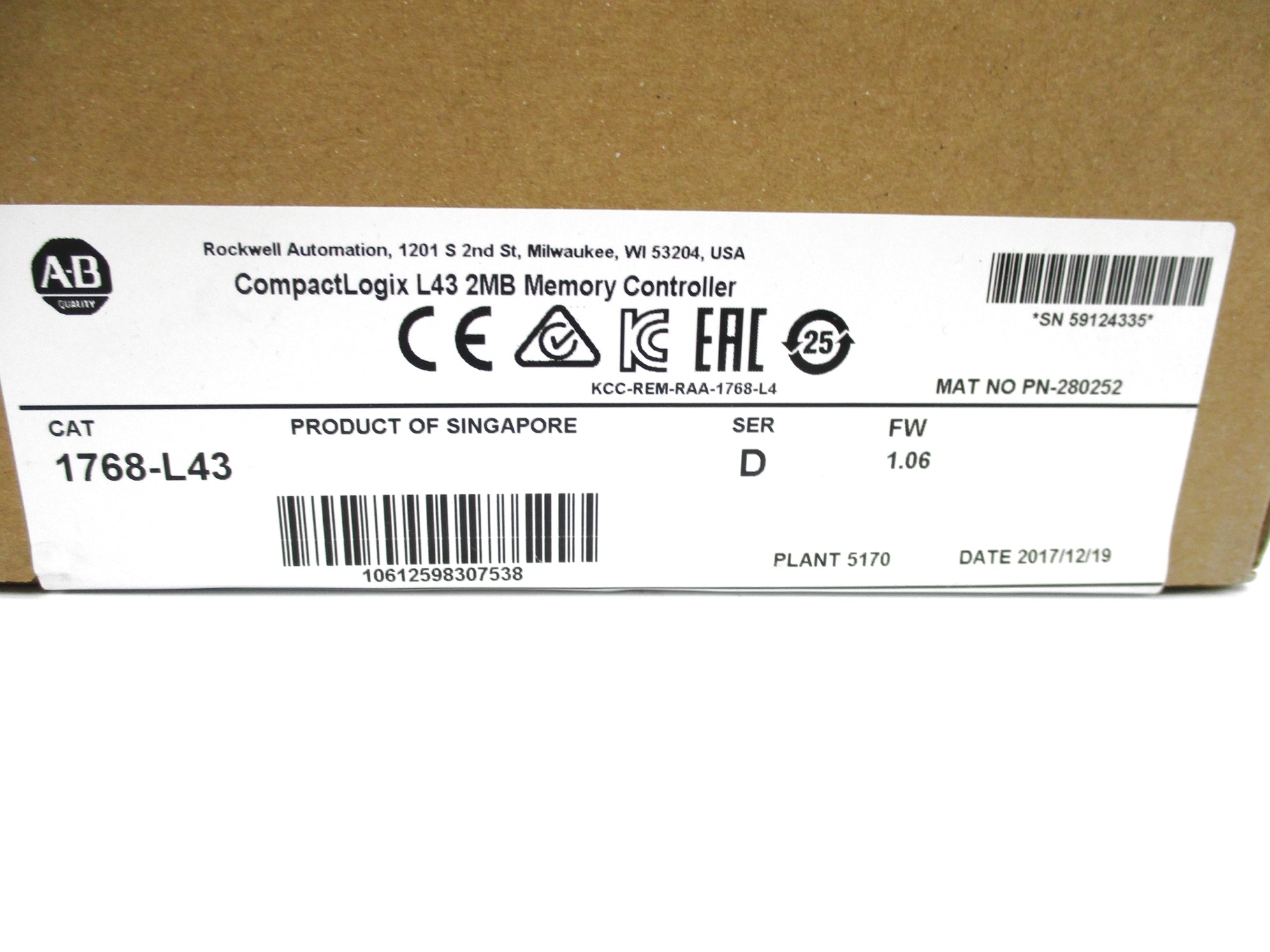 ALLEN BRADLEY 1768-L43 SER. D F/W 1.06 DATE: 2017 NSFS