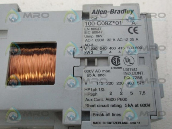 ALLEN BRADLEY 100-C09ZJ01 SER. A CONTACTOR 24V UNMP