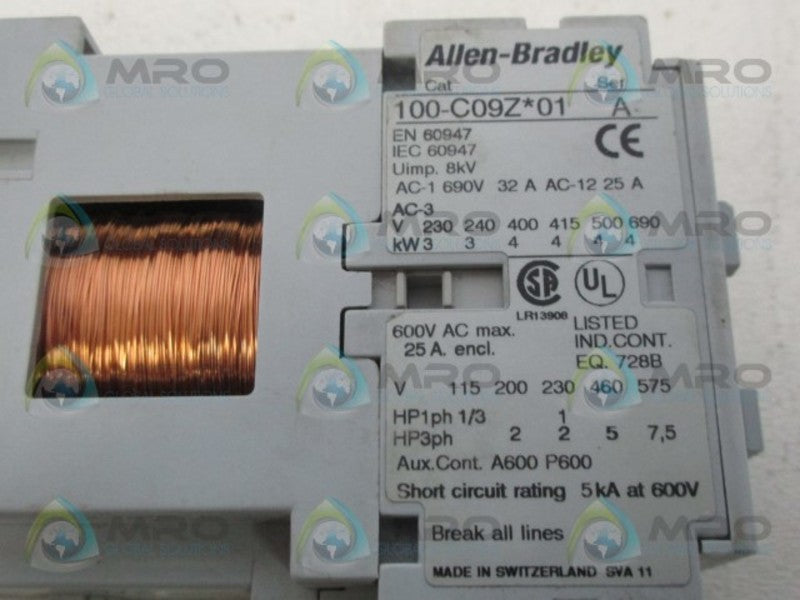 ALLEN BRADLEY 100-C09ZJ01 SER. A CONTACTOR 24V UNMP