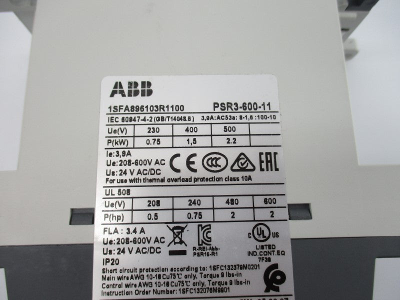 ABB PSR3-600-11 1SFA896103R1100 208-600VAC 3.9A NSNP