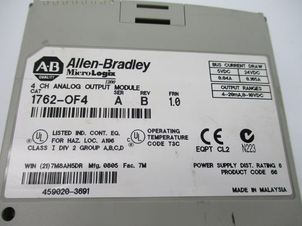 ALLEN BRADLEY 1762-OF4 SER. A F/W 1.0 24VDC 0.105A REV. B NSNP