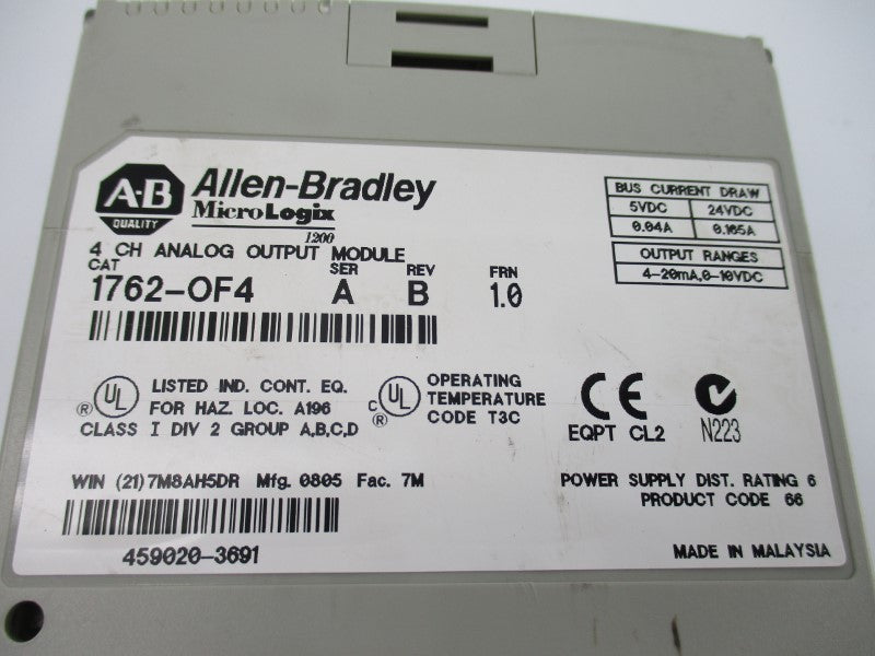 ALLEN BRADLEY 1762-OF4 SER. A F/W 1.0 24VDC 0.105A REV. B NSNP