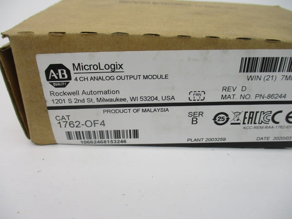 ALLEN BRADLEY 1762-OF4 SER. B F/W 1.1 24VDC 0.165A REV. D NSMP