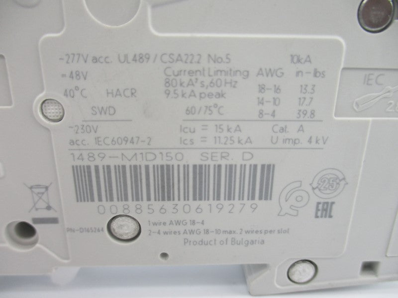 ALLEN BRADLEY 1489-M1D150 SER. D 277V 15A NSNP