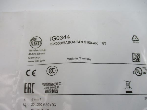 IFM EFECTOR IG0344 IGK2008BABOA/SL/LS100-AKRT 20-250VAC/DC NSMP