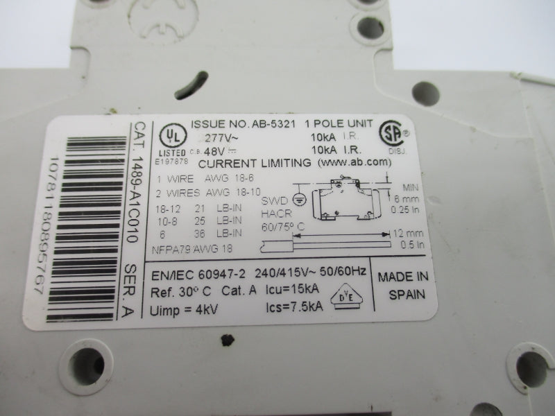 ALLEN BRADLEY 1489-A1C010 SER. A 277V 1A (AS PICTURED) NSNP