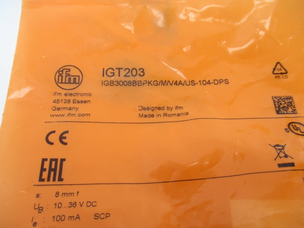 IFM EFECTOR IGT203 IGB3008BBPKG/M/V4A/US-104-DPS 10-36VDC NSMP