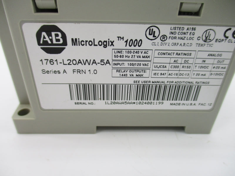 ALLEN BRADLEY 1761-L20AWA-5A SER. A F/W 1.0 100-120VAC (AS PICTURED) NSNP