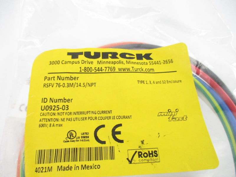 TURCK RSFV76-0.3M/14.5/NPT U0925-03 600V 8A NSMP